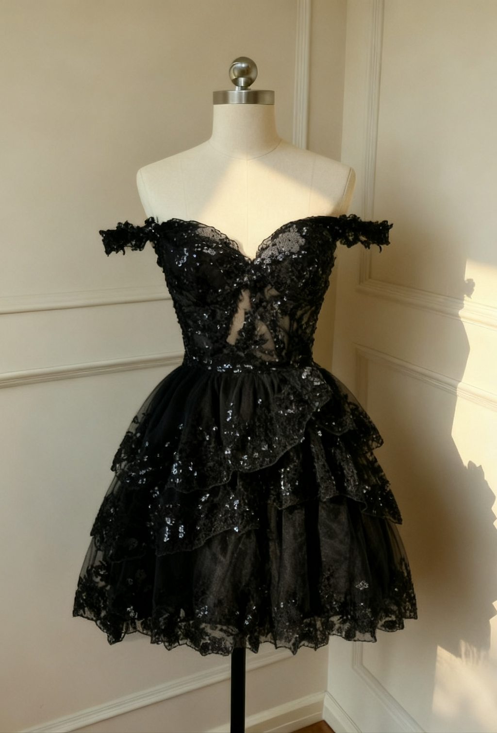 Sparkly Black A Line Off The Shoulder Corset Tiered Lace Short Homecoming Dress