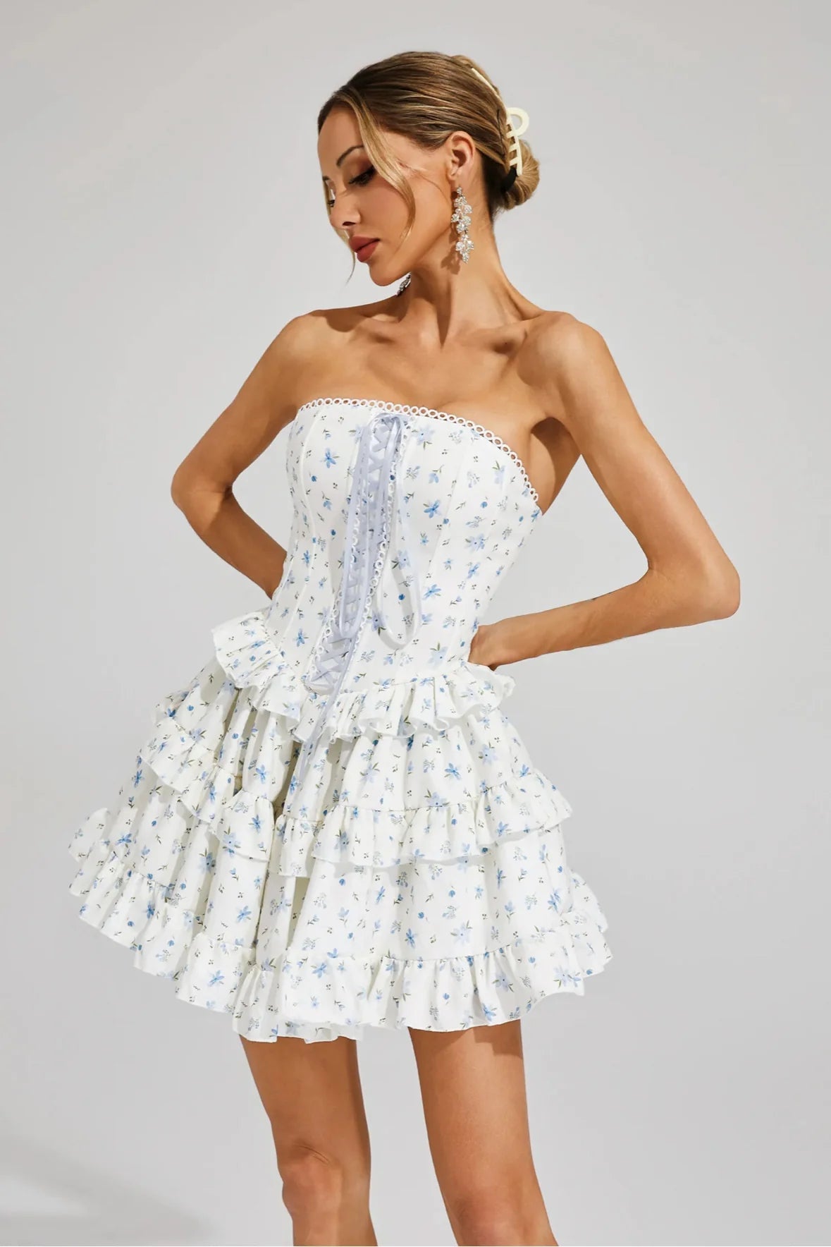 martha Ruffle printed strapless Mini Dress in blue