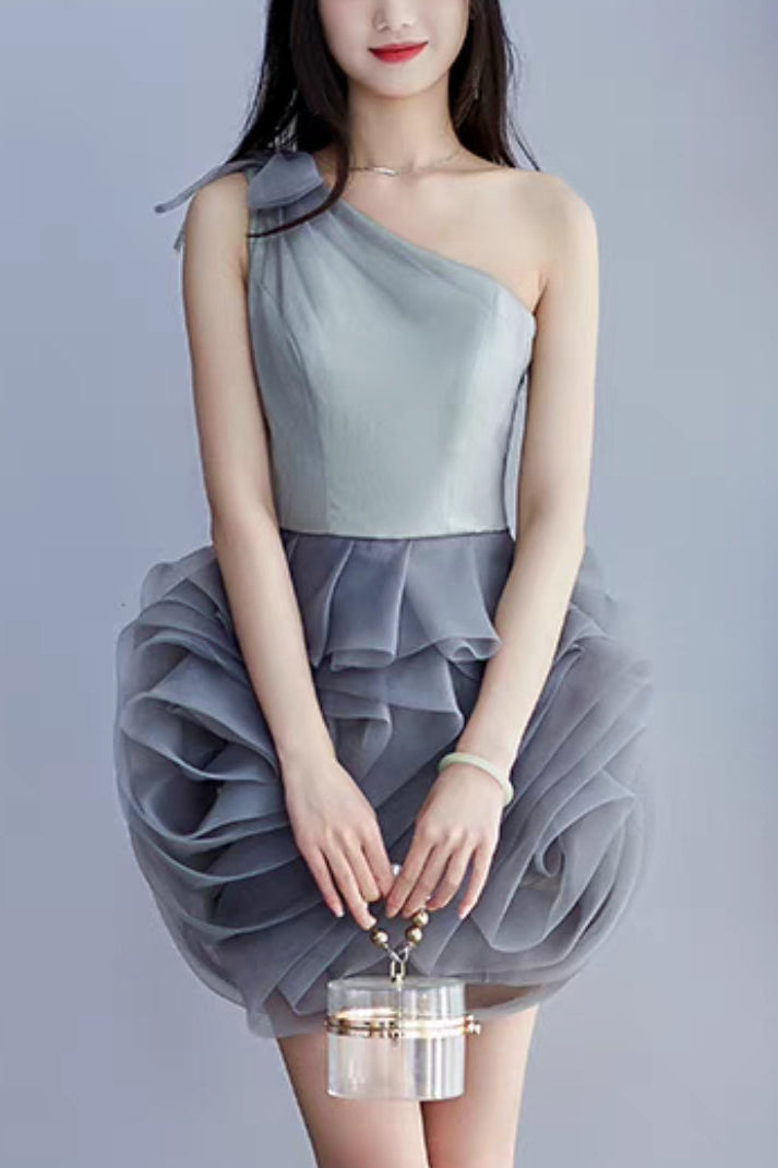 ONE SHOULDER MESH MINI DRESS IN GREY