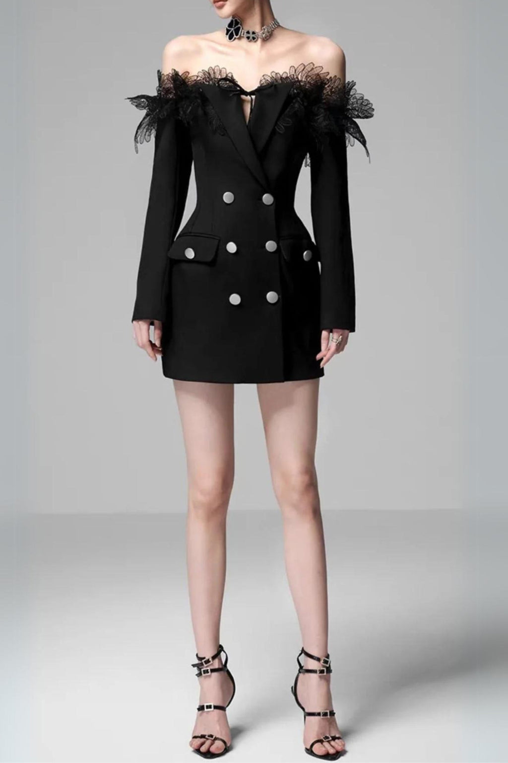 3D EMBROIDERED OFF-SHOULDER DOUBLE BREATHED MINI DRESS IN BLACK