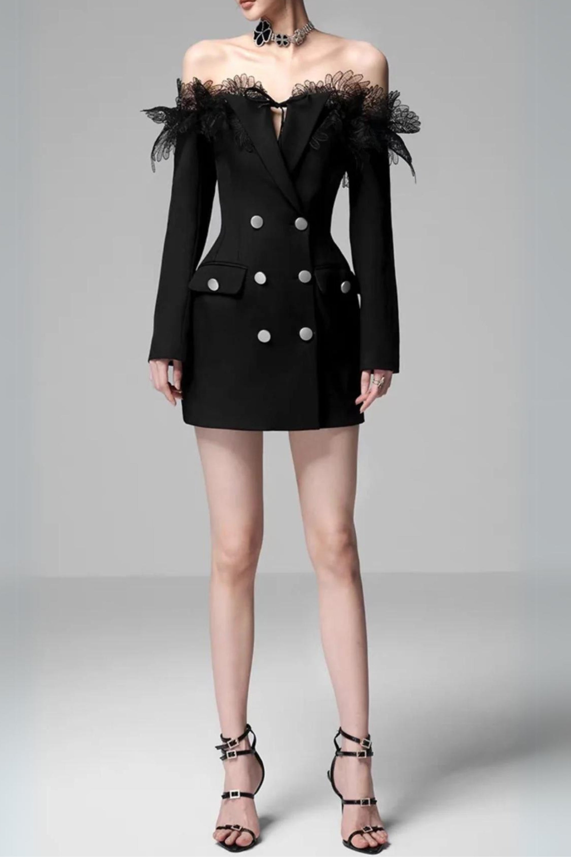 3D EMBROIDERED OFF-SHOULDER DOUBLE BREATHED MINI DRESS IN BLACK