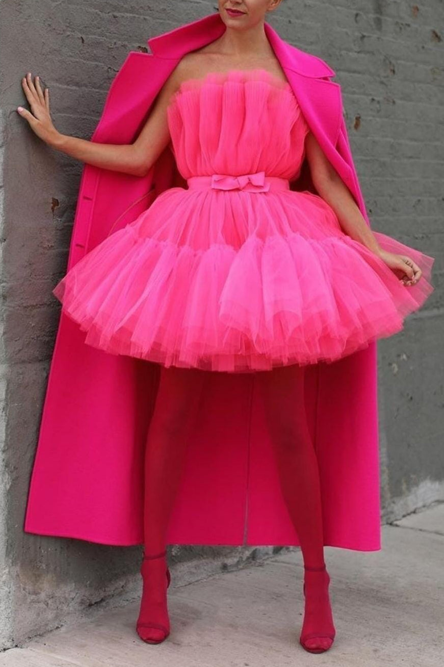 LAYERED STRAPLESS MINI DRESS IN HOT PINK