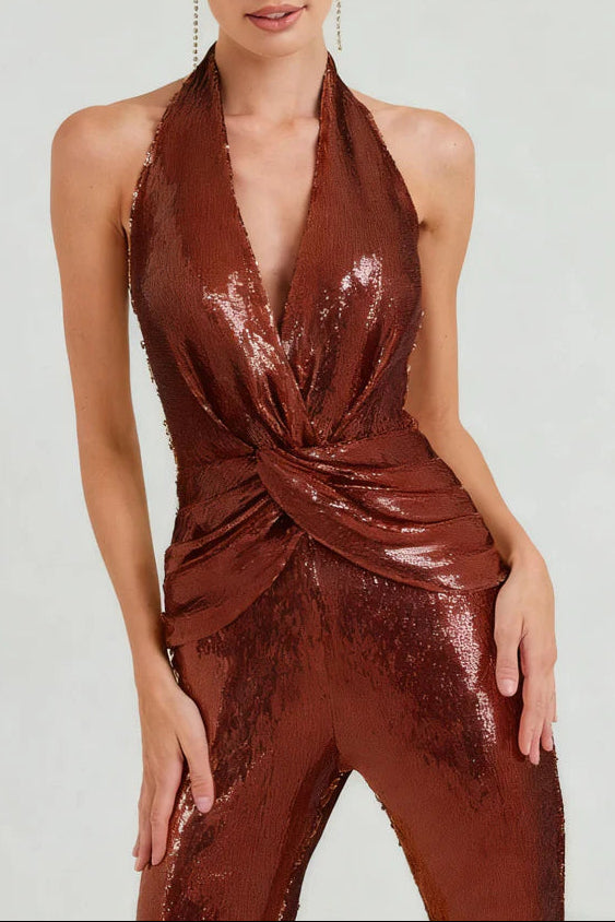 nora brown Sequin halterneck deep V high waist flared jumpsuit