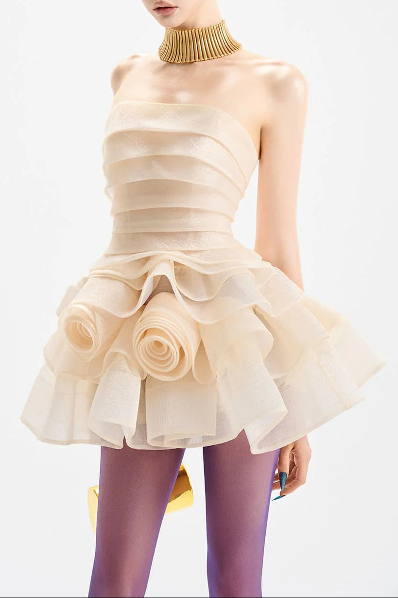 coral off-shoulder layer trim flower mini dress in apricot