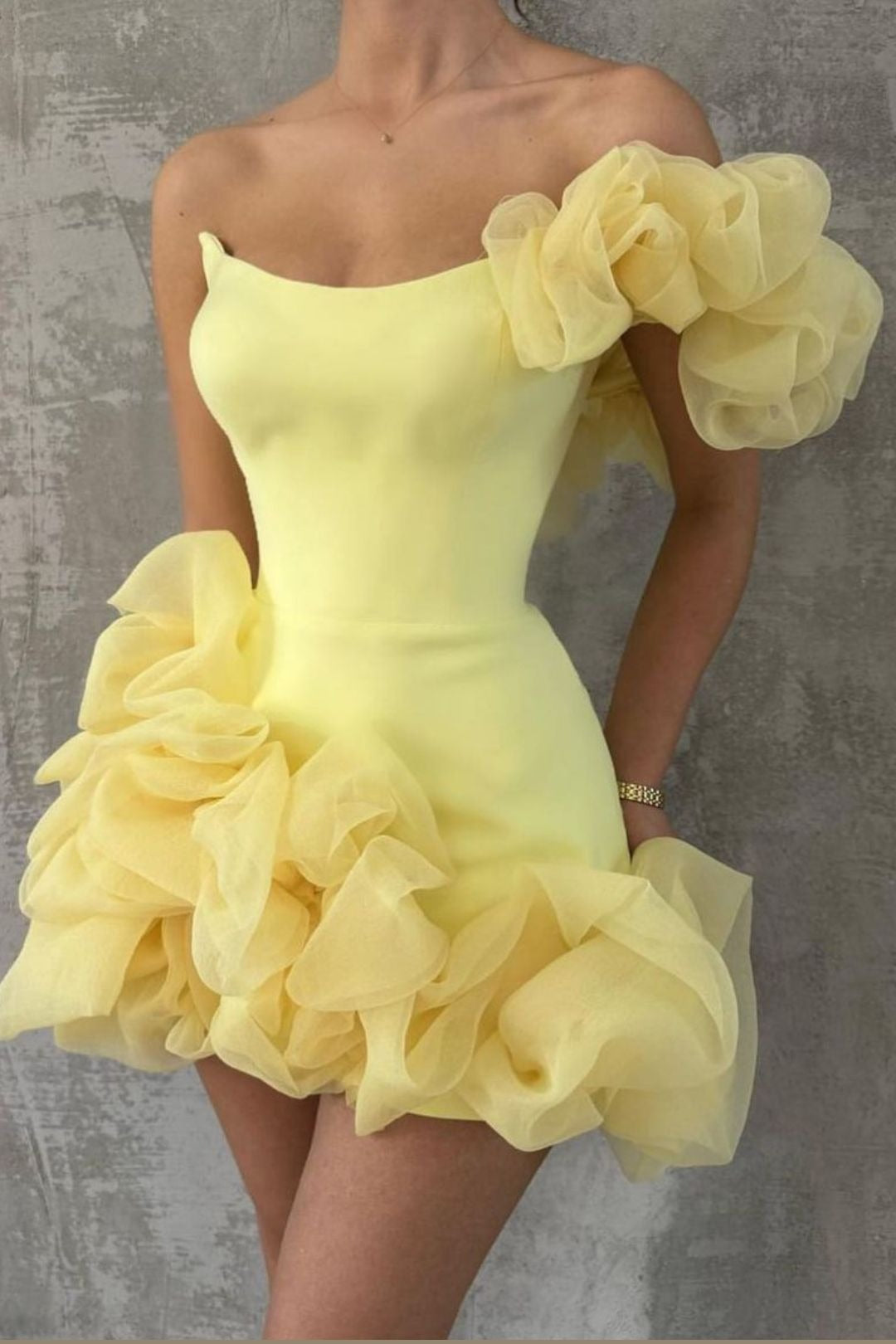 One shoulder ruffle mini dress in yellow