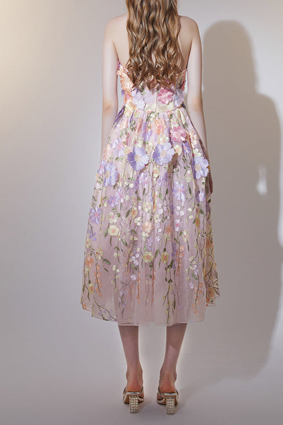 anna floral embroidery midi dress in pastel pink