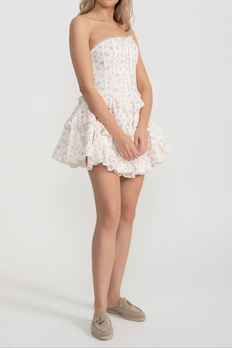 martha Ruffle printed strapless Mini Dress in pink