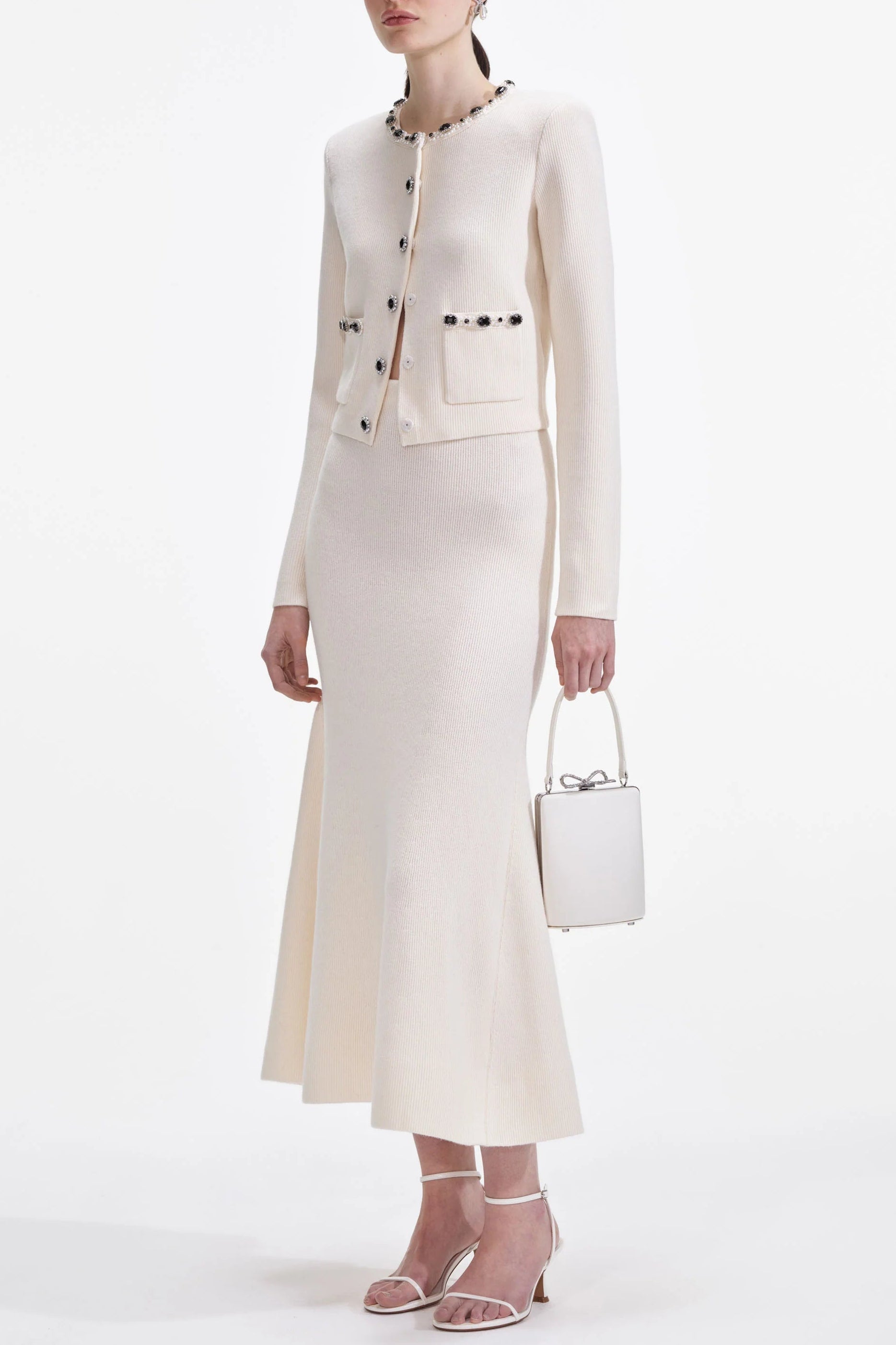 virginia Cream Embellished Cardigan skirt set
