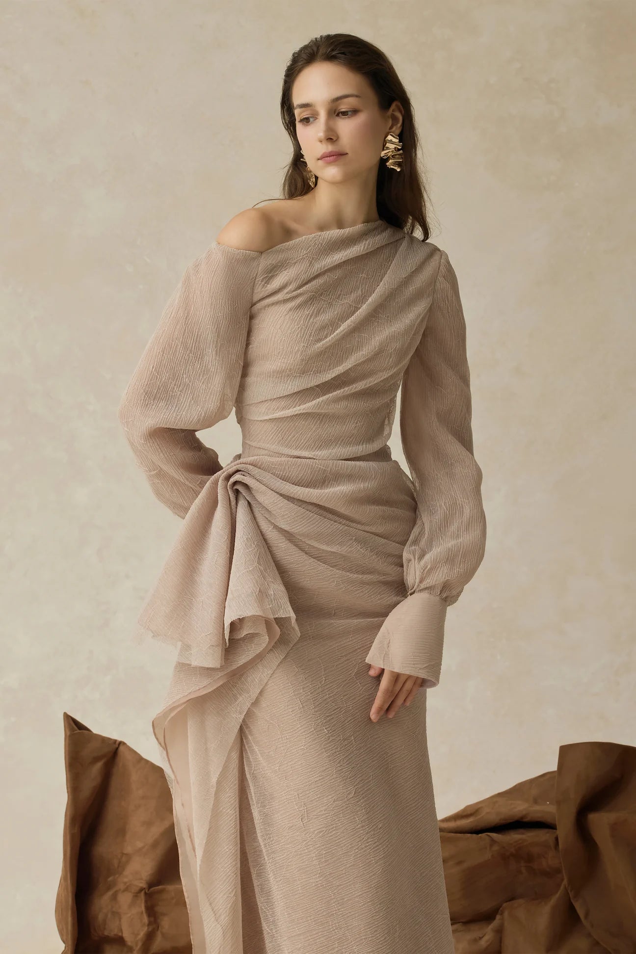 brianna Asymmetric Long Sleeve pleated maxi Dress in beige