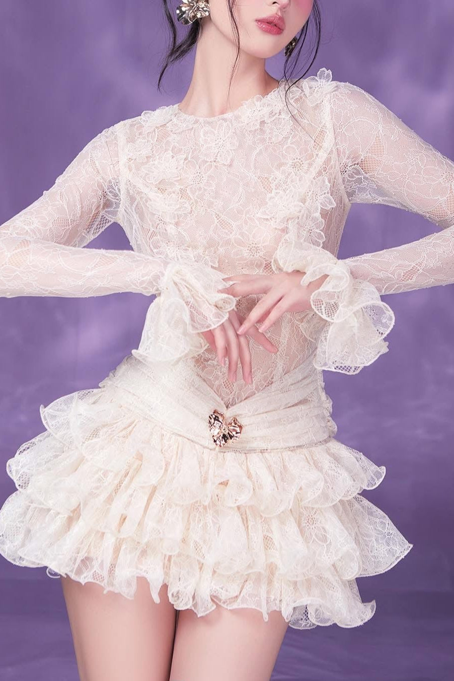 eudora lace embroidery ruched trim mini dress in white