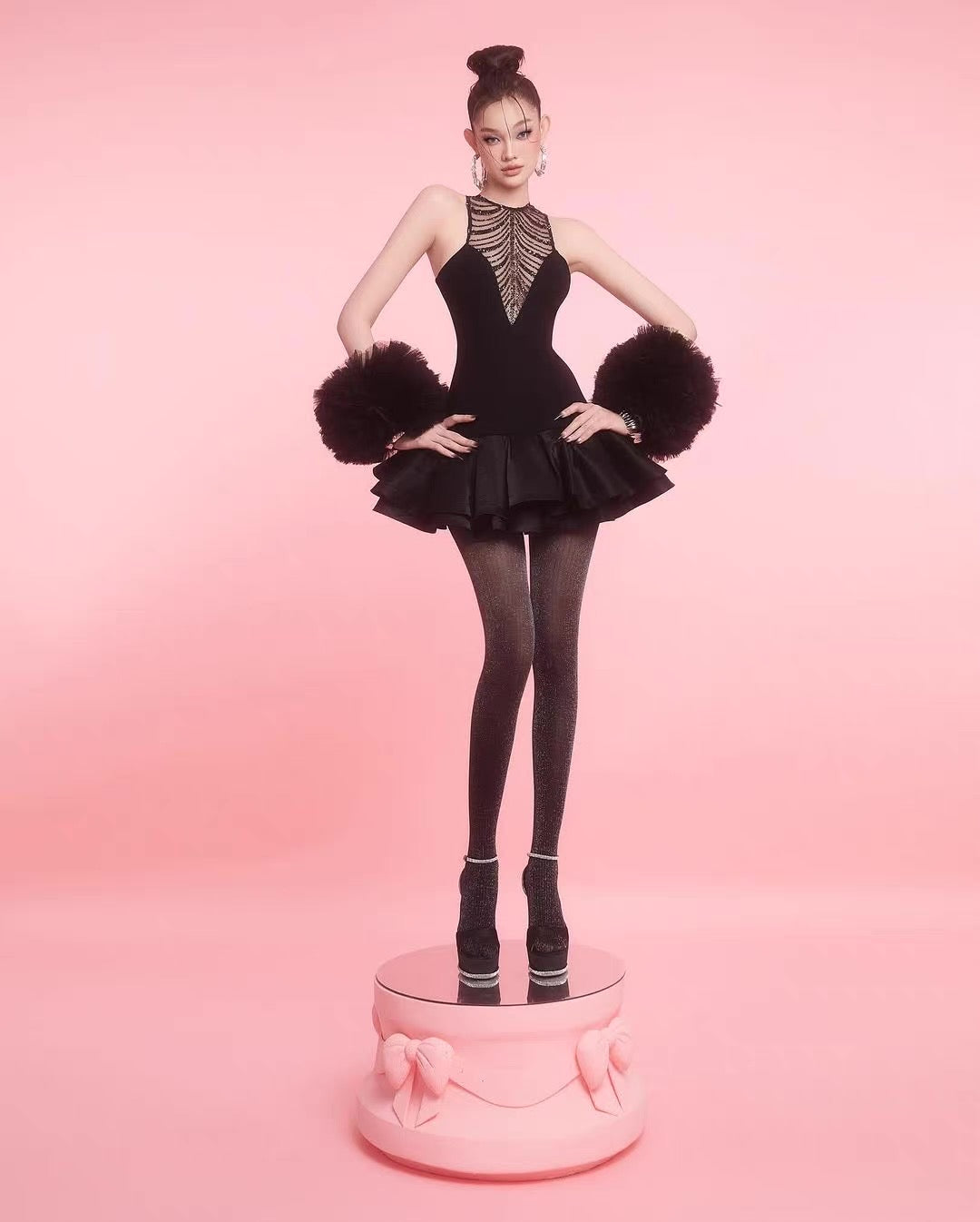 jessica sequin tulle ruched hem mini dress in black