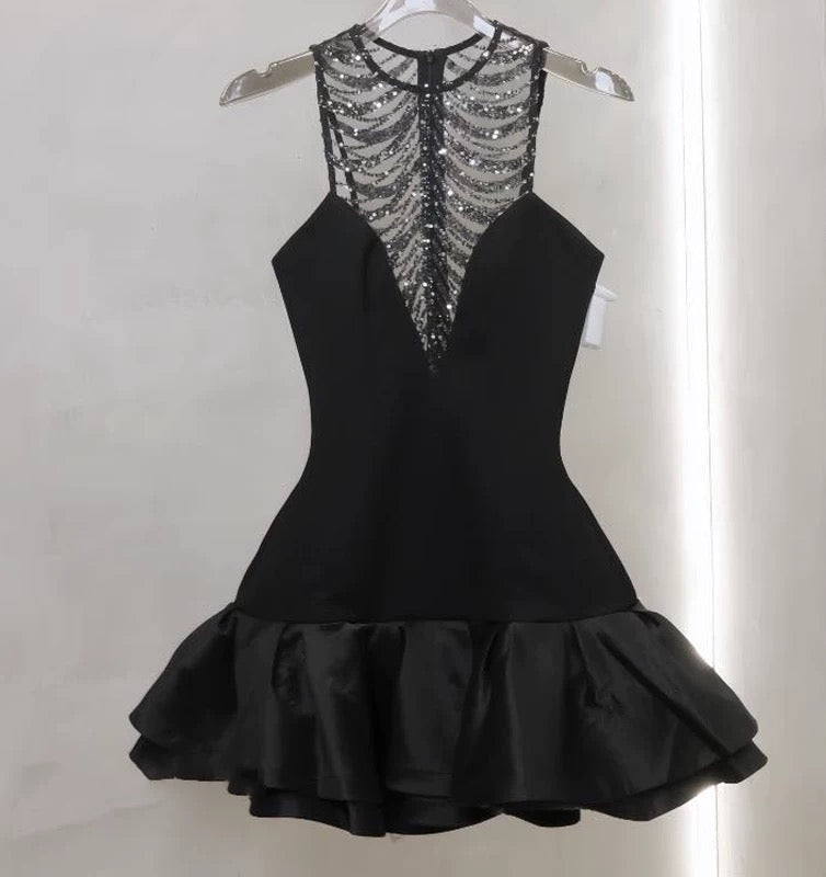 jessica sequin tulle ruched hem mini dress in black