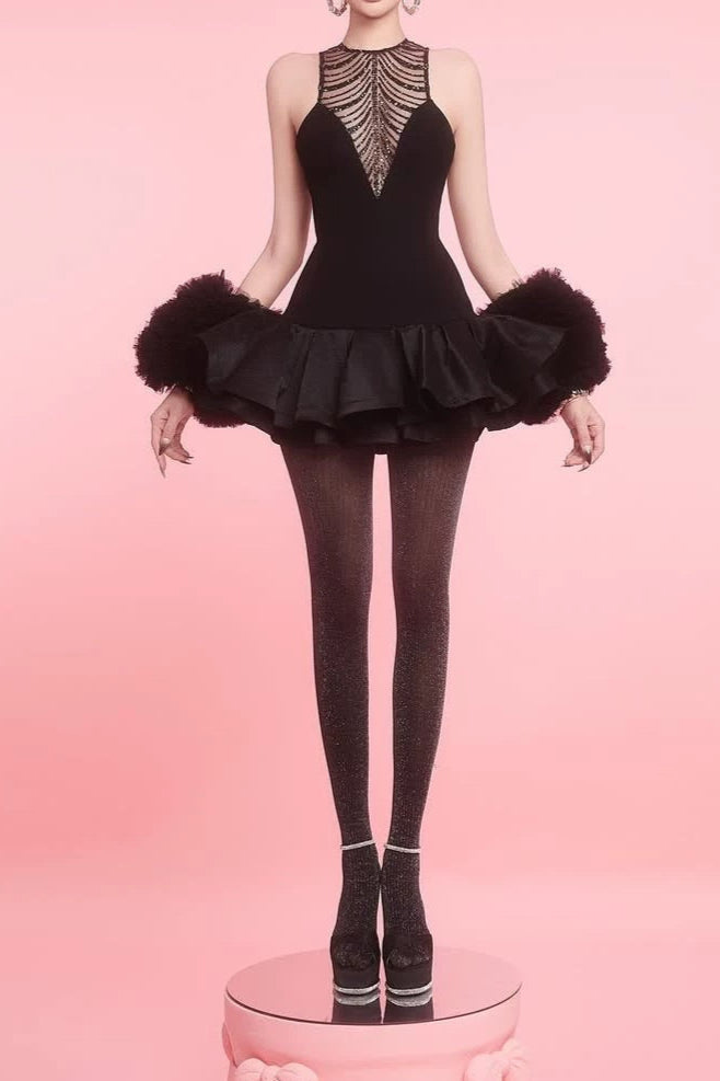 jessica sequin tulle ruched hem mini dress in black