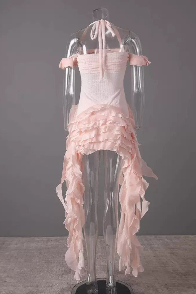 Vintage Inspired Corset Dress With Ruched Bustier And Flowing Ruffled Side Details - Pink