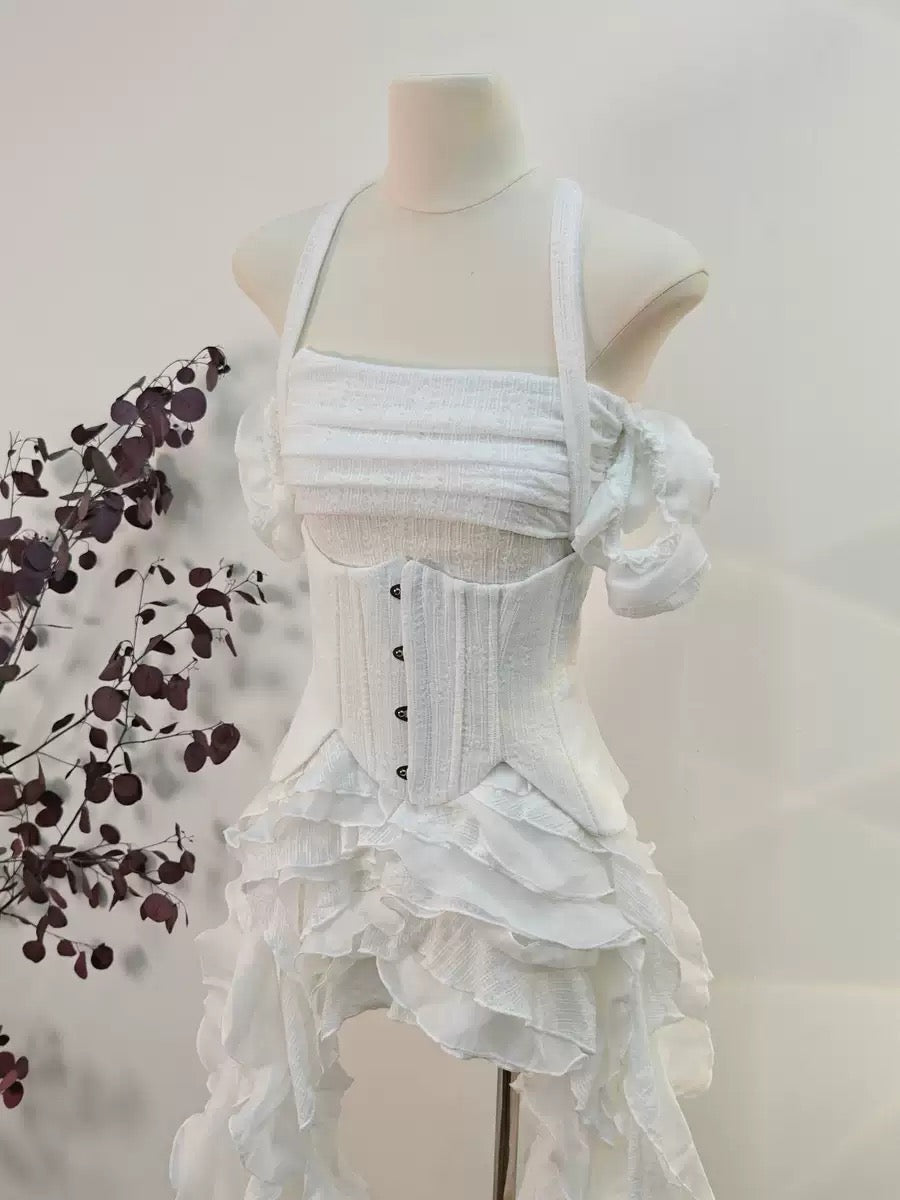 Baha Ruch Ruffle Fringe Mini Dress In White