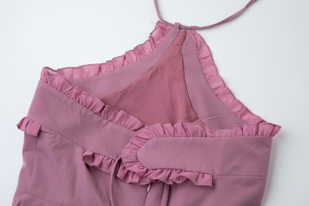 jessica halter ruffle trim mini dress in purple