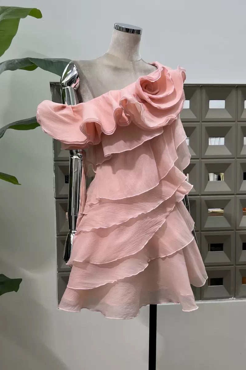 Shelyn Flower One Shoulder Ruffle Mini Dress - Pink