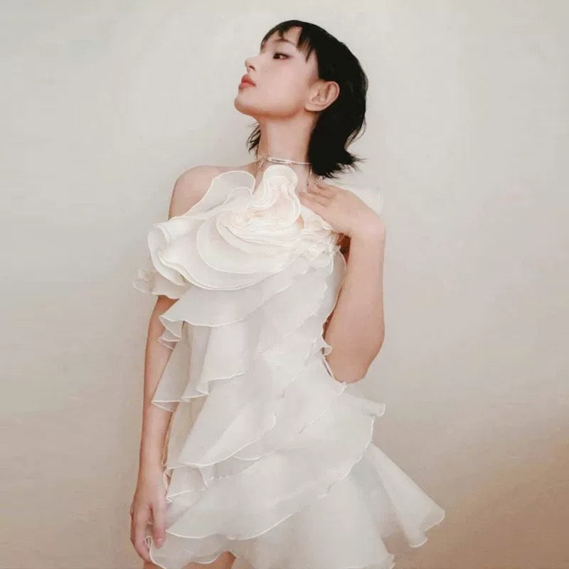 Shelyn Flower One Shoulder Ruffle Mini Dress - Beige