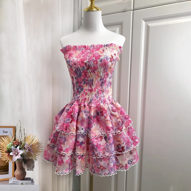 PINK FLORAL RUCHED STRAPLESS MINI DRESS