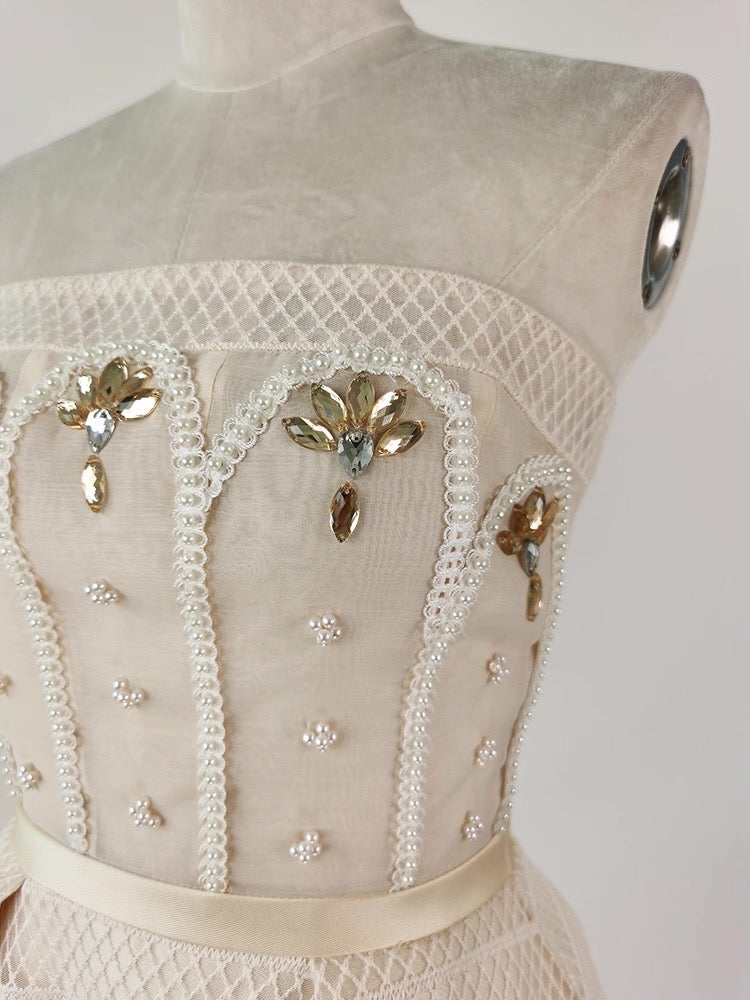 TERESA BEIGE A-LINE STRAIGHT ACROSS NECK LACE MINI DRESS