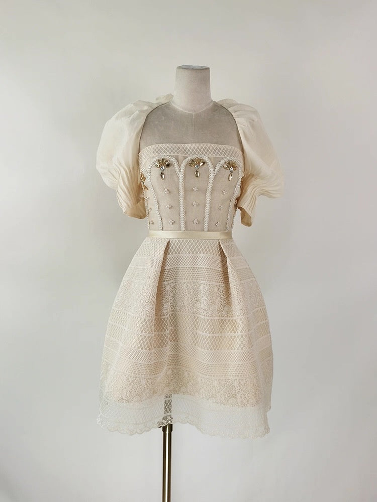 TERESA BEIGE A-LINE STRAIGHT ACROSS NECK LACE MINI DRESS