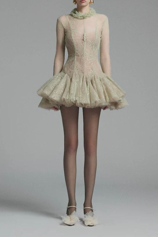 Green Embroidered Flared Mini Dress