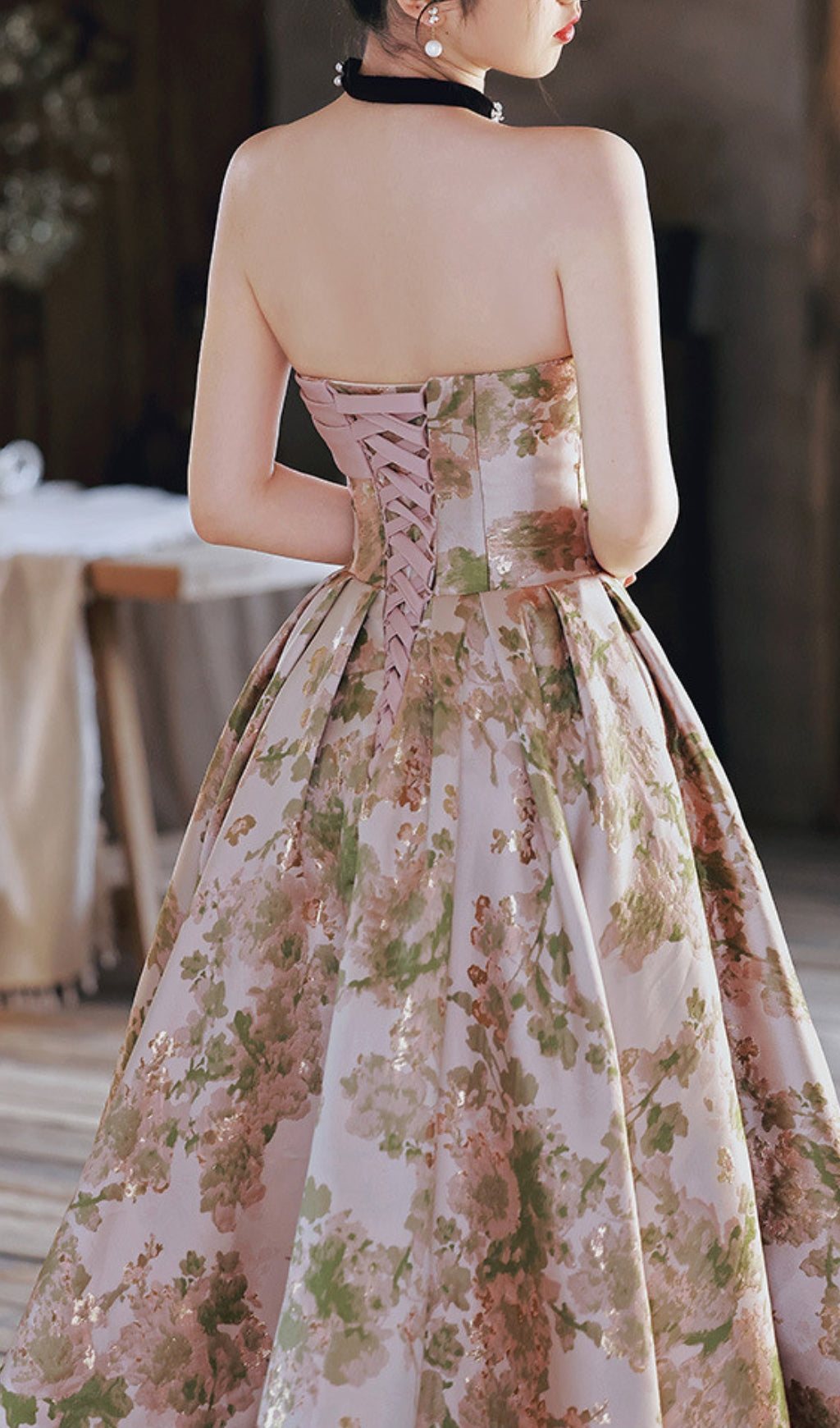 PINK BOW STRAPLESS FLORAL DRESS