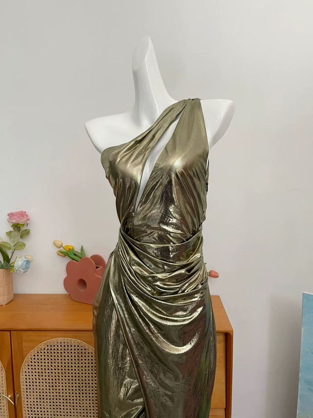 Gold Metallic Maxi Dress High Slit Gown