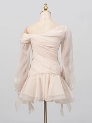 Apricot Ruffle Diagonal Long Sleeve Mini Dress