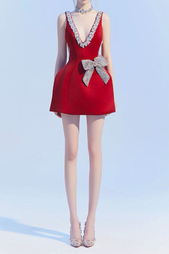 Esme Plunge Bownot Mini Dress In Red