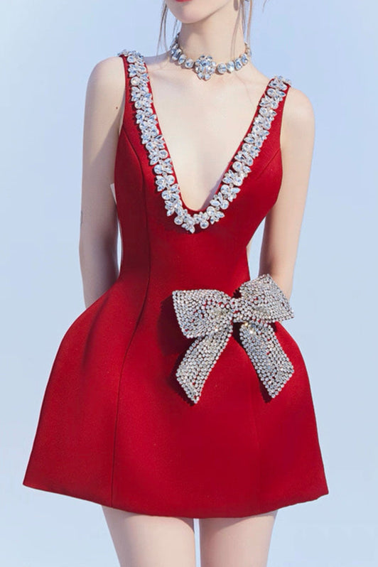 Esme Plunge Bownot Mini Dress In Red