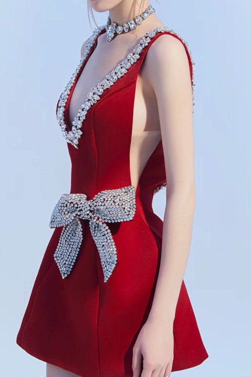 Esme Plunge Bownot Mini Dress In Red