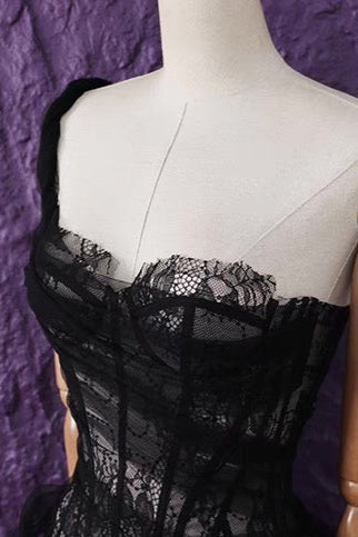 Lace Corset One Shoulder Midi Dress - Black