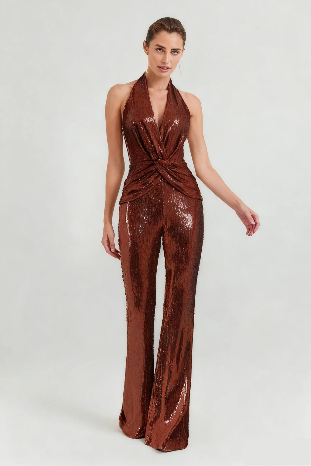 nora brown Sequin halterneck deep V high waist flared jumpsuit