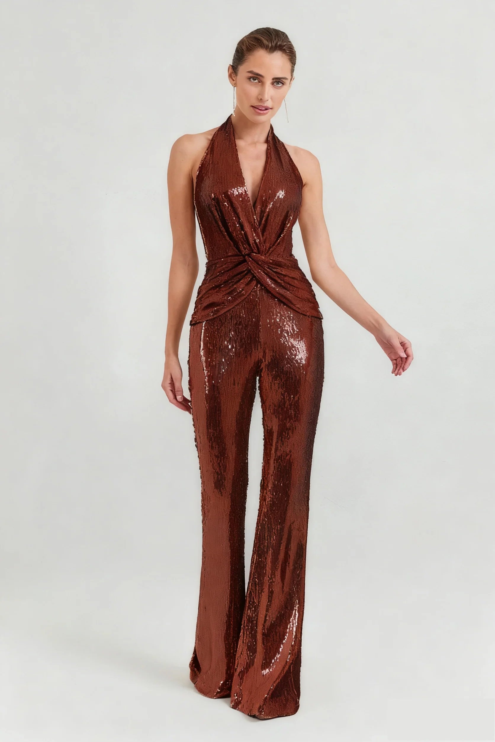 nora brown Sequin halterneck deep V high waist flared jumpsuit