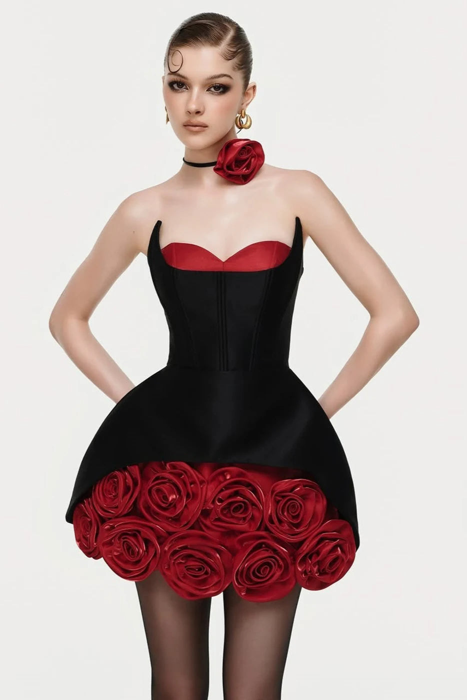 Rose Flower Ruffled Floral mini dress in Red