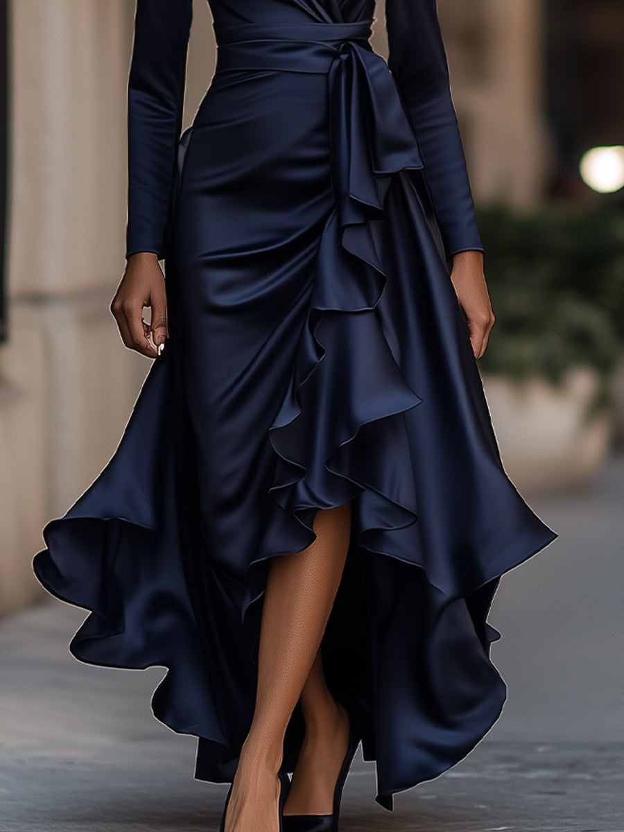 Midnight Blue Draped Satin Maxi Dress With Ruffle Details