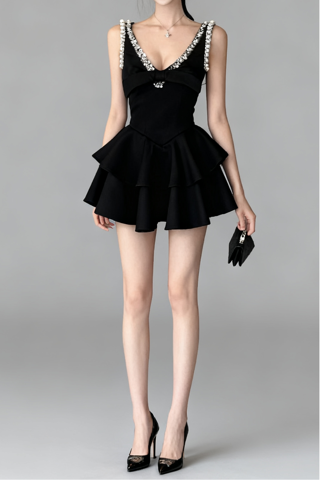 V-neck embellished mini dress