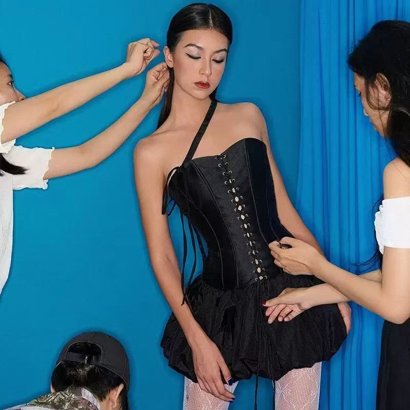 Gothic Lace Up Asymmetric Shoulder Strap Bandeau Tulip Mini Dress