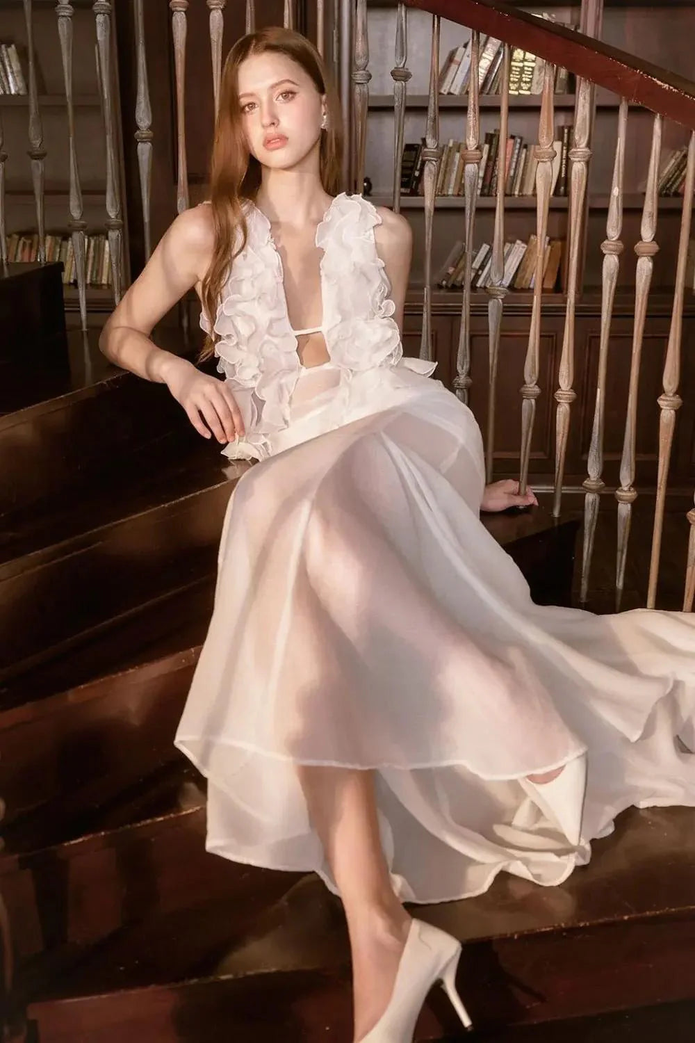 charlotte Pleat Ruffle Maxi Dress in white