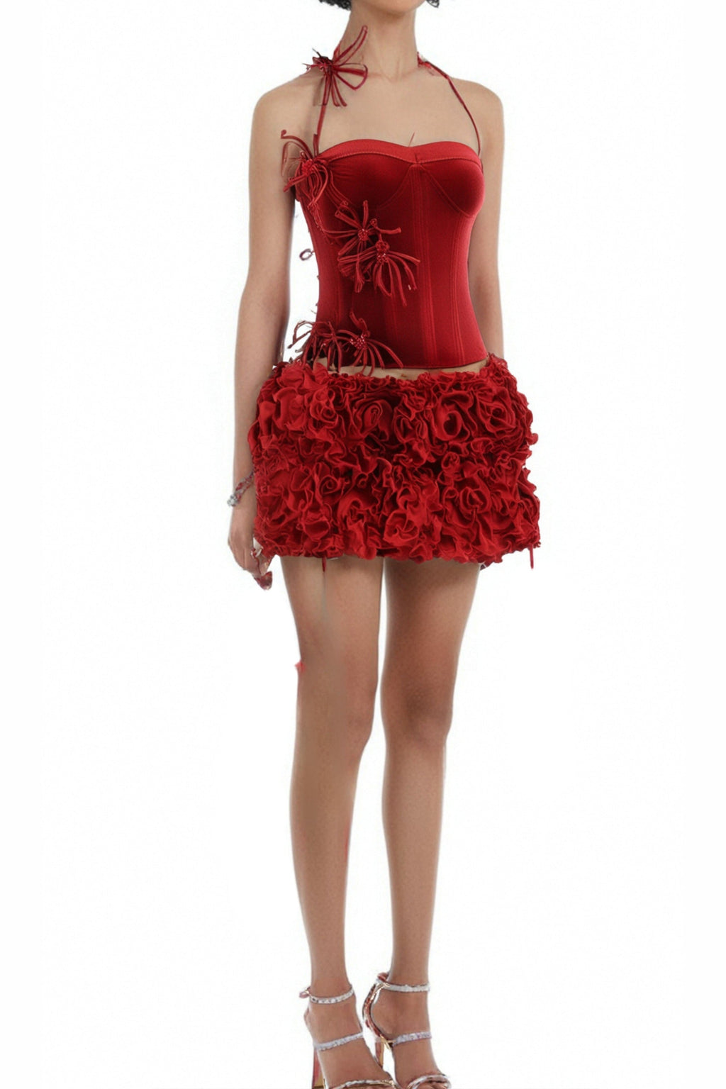 velvet corset floral mini skirt suit in red