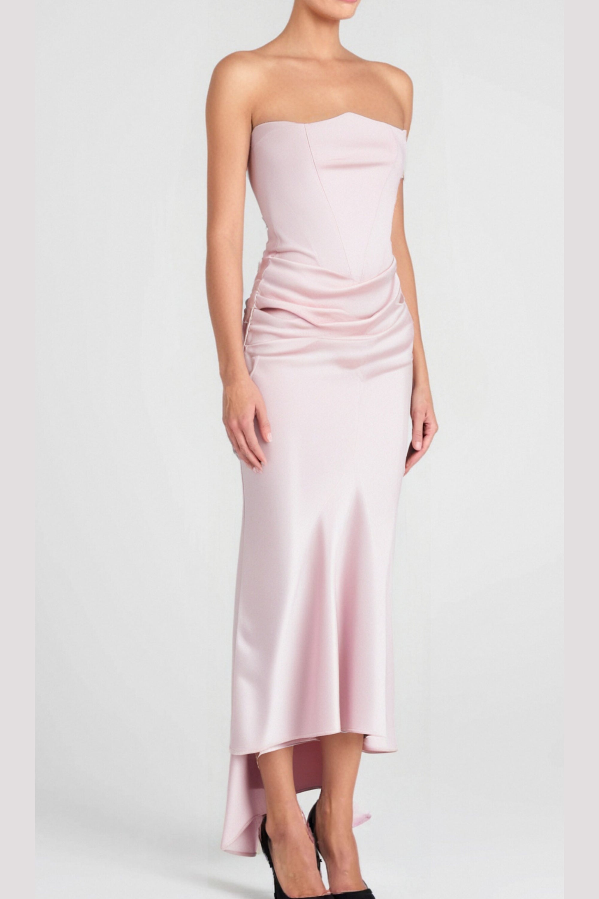strapless satin corset maxi dress in pink
