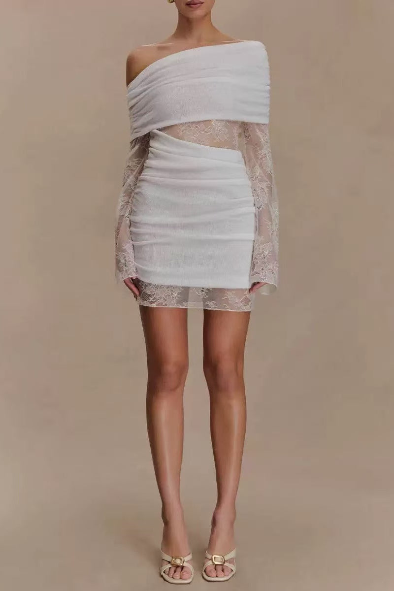 White lace strapless spliced knitted mini dress