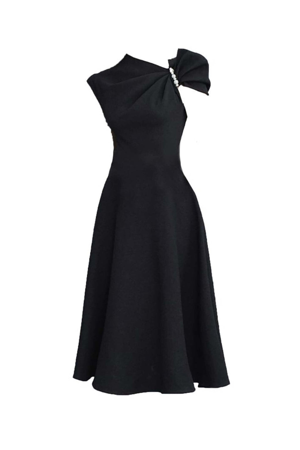 ASYMMETRIC SLEEVE PEARLS MIDI DRESS IN BLACK