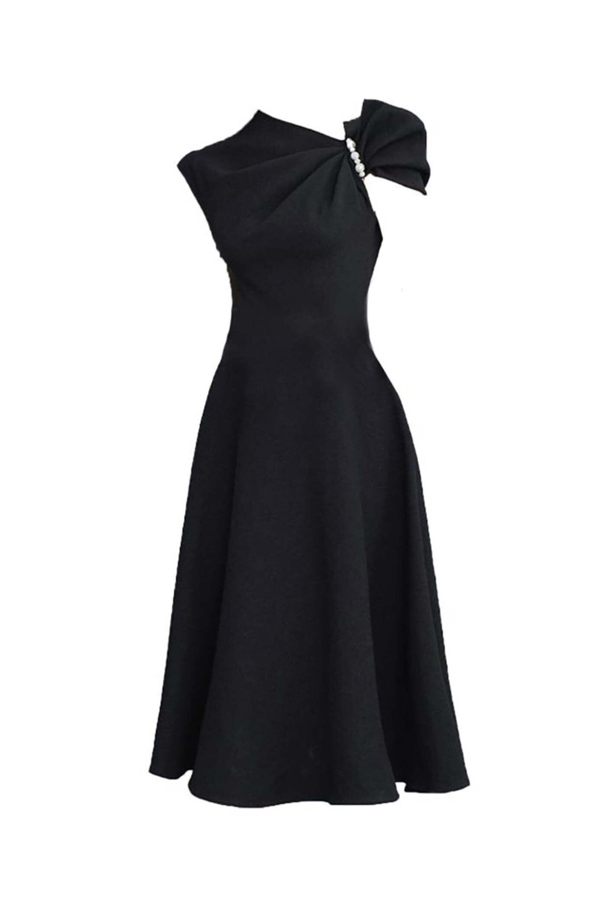 ASYMMETRIC SLEEVE PEARLS MIDI DRESS IN BLACK