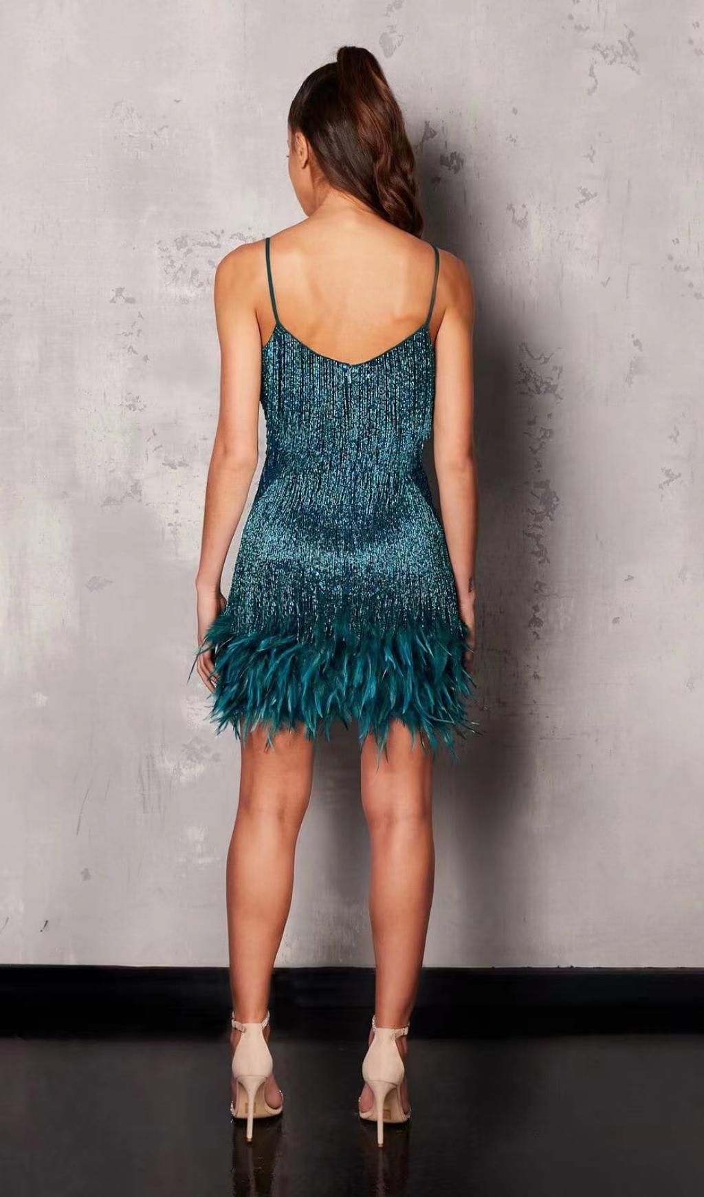 EMERALD TASSEL FEATHER MINI DRESS