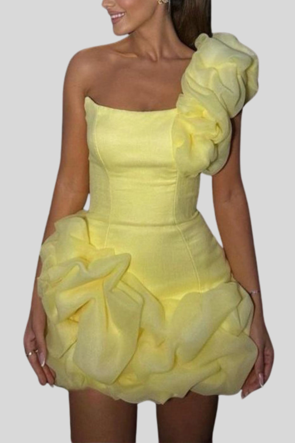 One shoulder ruffle mini dress in yellow