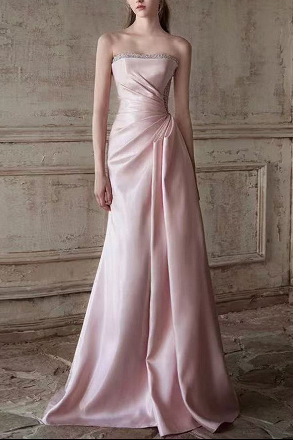 Mermaid Ruched Strapless Beading Pink Prom Dress