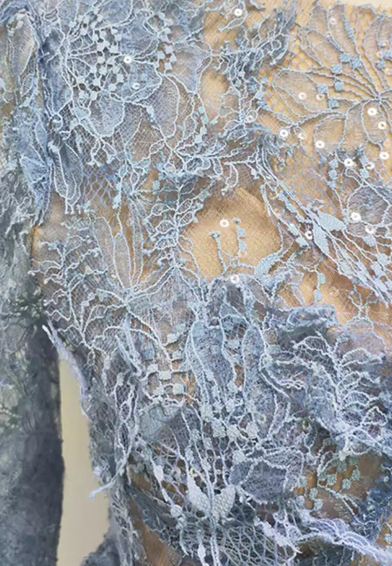 FLORAL AND RAMAGE EMBROIDERY MIDI DRESS IN BLUE