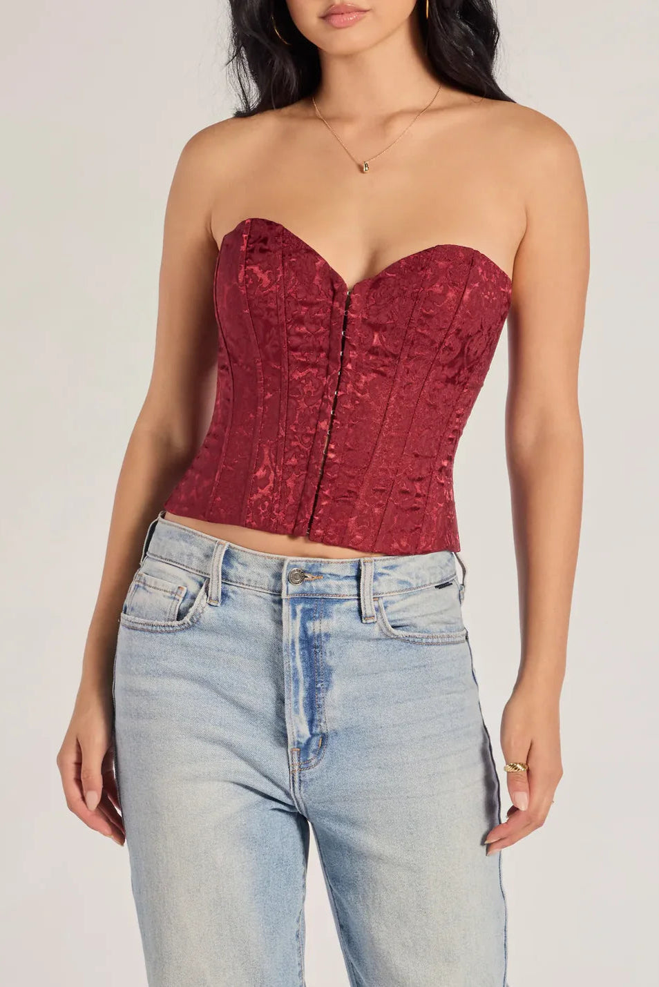 brocade satin strapless corset top in burgundy